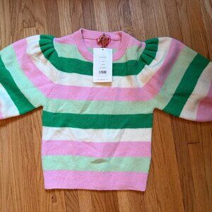 Kitri reformation anthropologie horizontal stripe puff sleeve sweater green pink